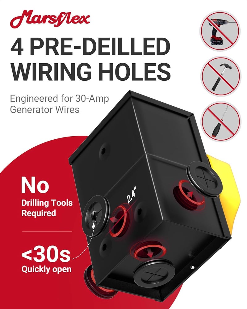 Marsflex 30 Amp Generator Inlet Box, Pre-Drilling NEMA L14-30P Power Inlet Box for 125/250 Volt, 7500 Watts Generator Power Inlet Box, Weatherproof Outdoor Use with LED Power Indicator, ETL Listed - Image 4
